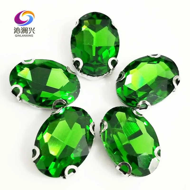 Grass green oval shape Glass Crysta sew on D shape Anti hook claw rhinestones with holes,Diy/Clothing accessories SWTD20