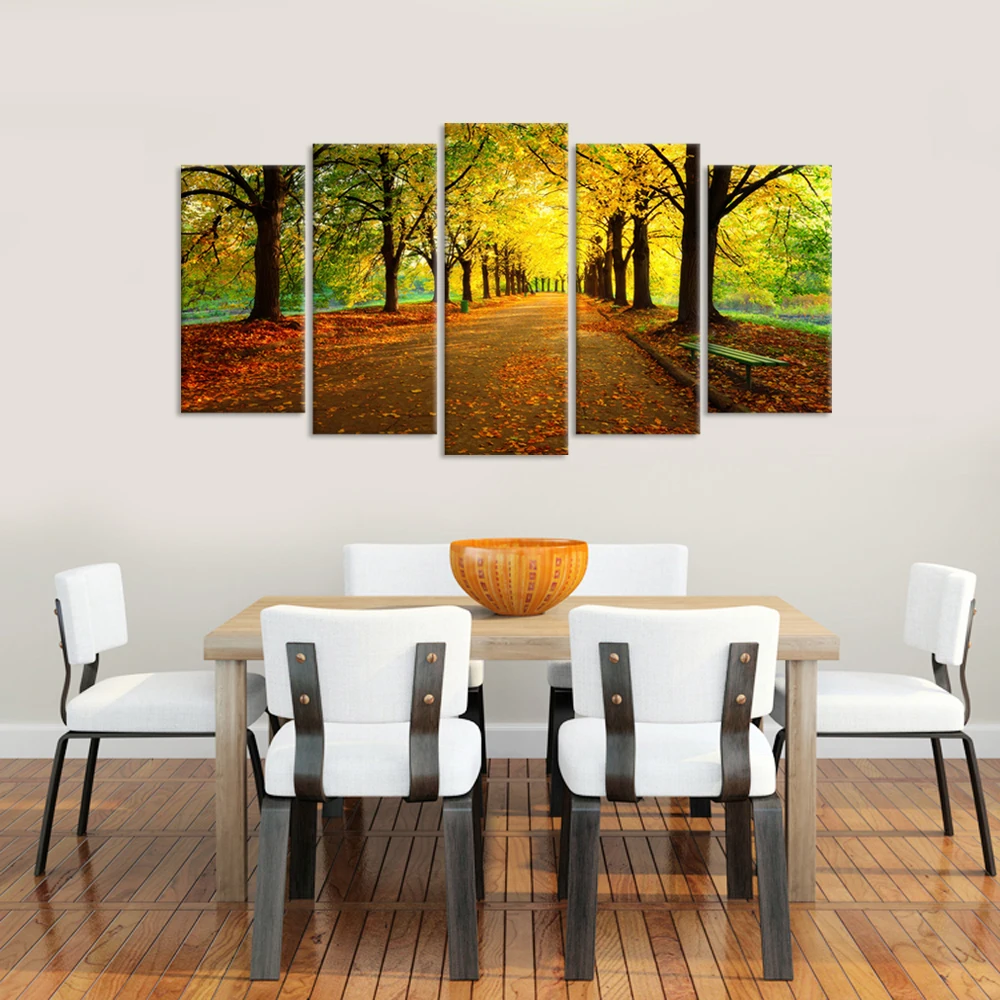 Large 5 Pieces Autumn Forest Canvas Wall Art Yellow Trees in City Park With Empty Bench Sun Light Fall Season Landscape Picture | Дом и сад