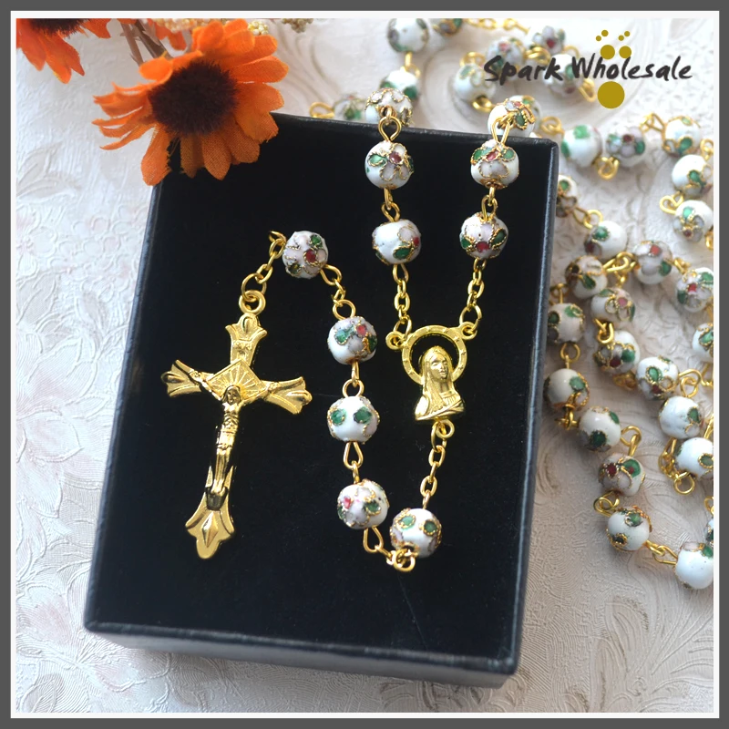 Подарочная коробка! Религиозная Золотая белая перегородка четки ожерелье Крест