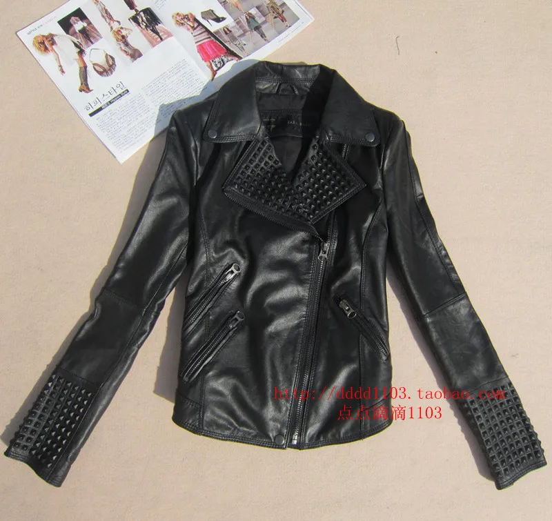 2013 new fashion rock punk street 100% sheepskin real leather rivet motorcycle woman jacket top coat free shipping | Женская одежда