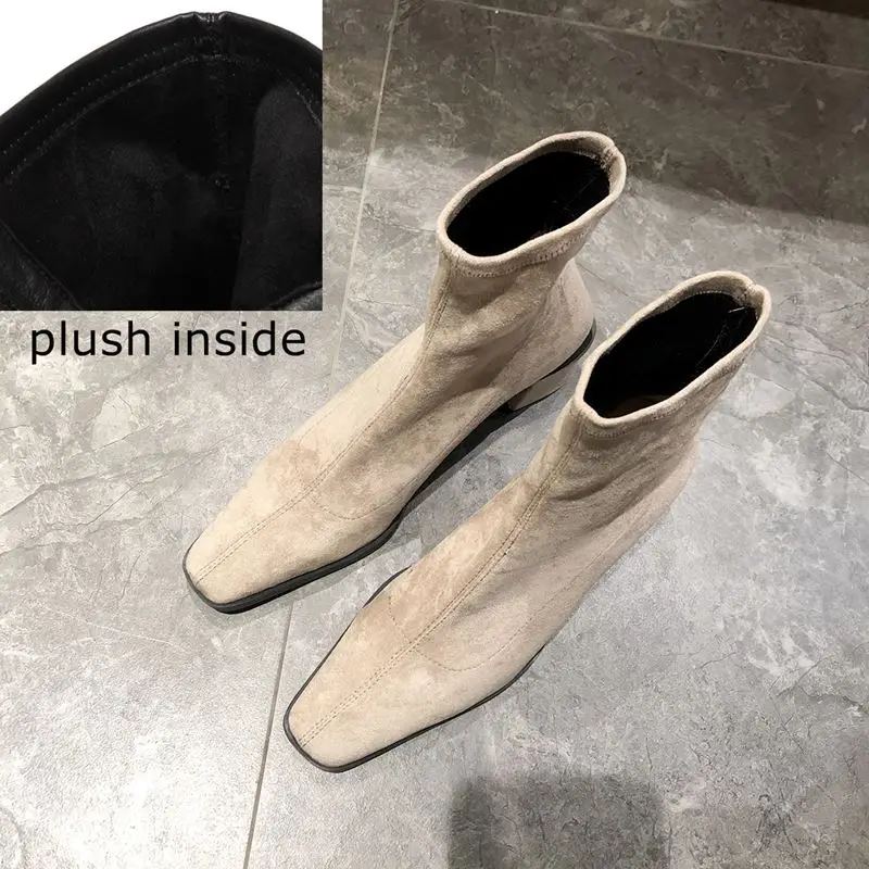 plush inside ALLBITEFO/Модные ботильоны для женщин на толстом каблуке; обувь из флока; женская обувь на высоком каблуке; зимние женские ботинки; ботинки для девочек - Цвет: plush inside