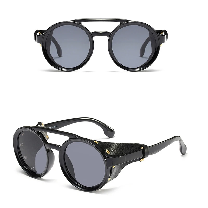 Light black grey KEITHION мужские стимпанк очки Солнцезащитные очки женские Ретро оттенки Модные кожаные с боковыми щитами стильные круглые солнцезащитные очки - Цвет линз: Light black grey