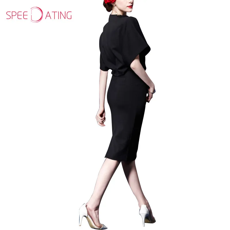 Vintage Fashion Band Collar Batwing Sleeve Brooch Midi Bodycon Dress Short High Neck Women Party Dresses 2017 SPEEDATING | Женская
