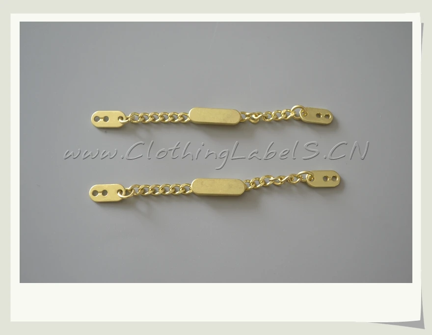 

custom metal labels for clothing, bags, shoes etc., metal chain in gold color, without logo.