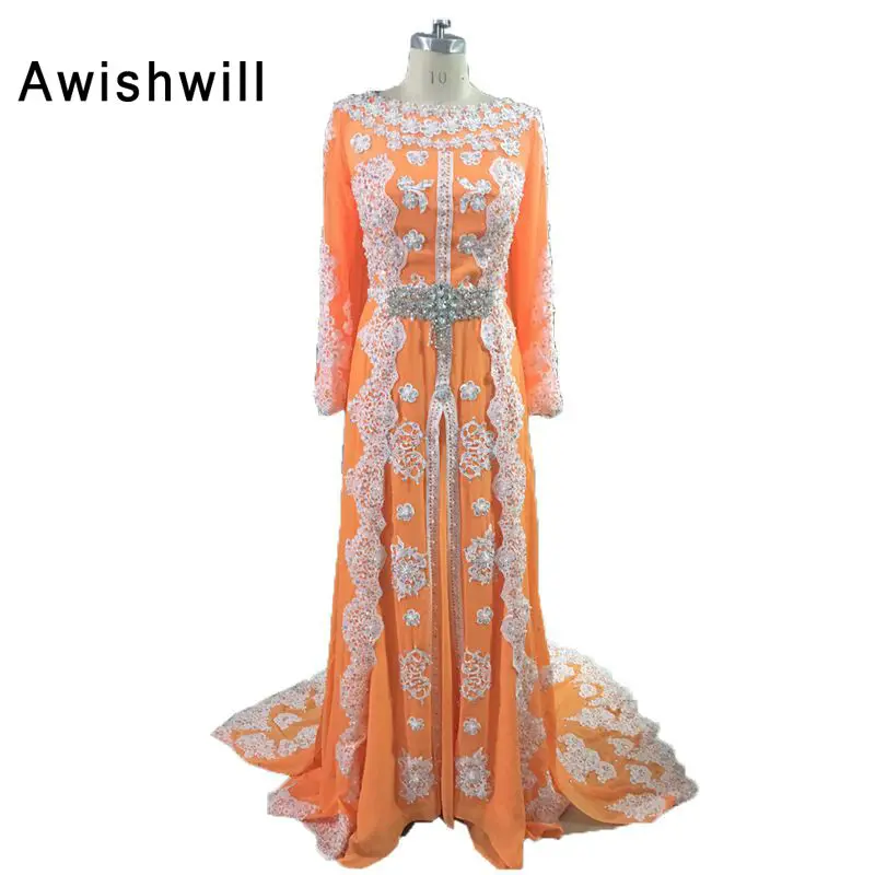 

2020 Custom Made Evening Gowns Beaded Appliques Lace Muslim Evening Dress Long Sleeves Moroccan Kaftan Dress Chiffon Dubai