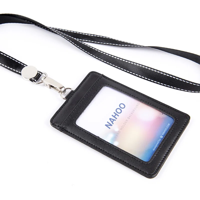 NAHOO Lanyards держатель для Id бейджа с именем пластиковый бейдж из натуральной кожи держатель для карт Вертикальный чехол для кредитных карт - Цвет: Black