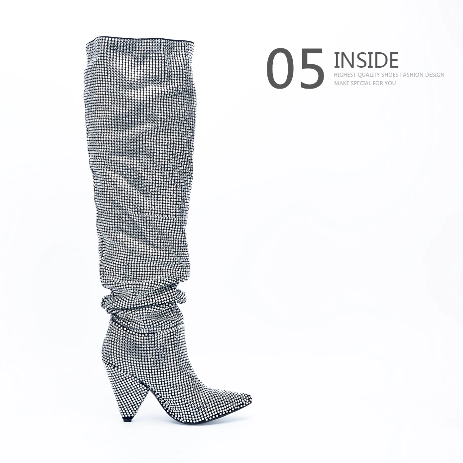 Stylesowner/Новинка года; роскошные женские сапоги до колена с острым носком и кристаллами; пикантные сапоги на не сужающемся книзу массивном каблуке; женские рыцарские сапоги; настоящая фотография