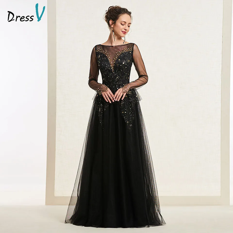Dressv Черное вечернее платье трапециевидной формы с круглым вырезом, с длинными рукавами, на пуговицах, длина до пола, свадебное вечернее платье, вечернее платье es - Цвет: Black