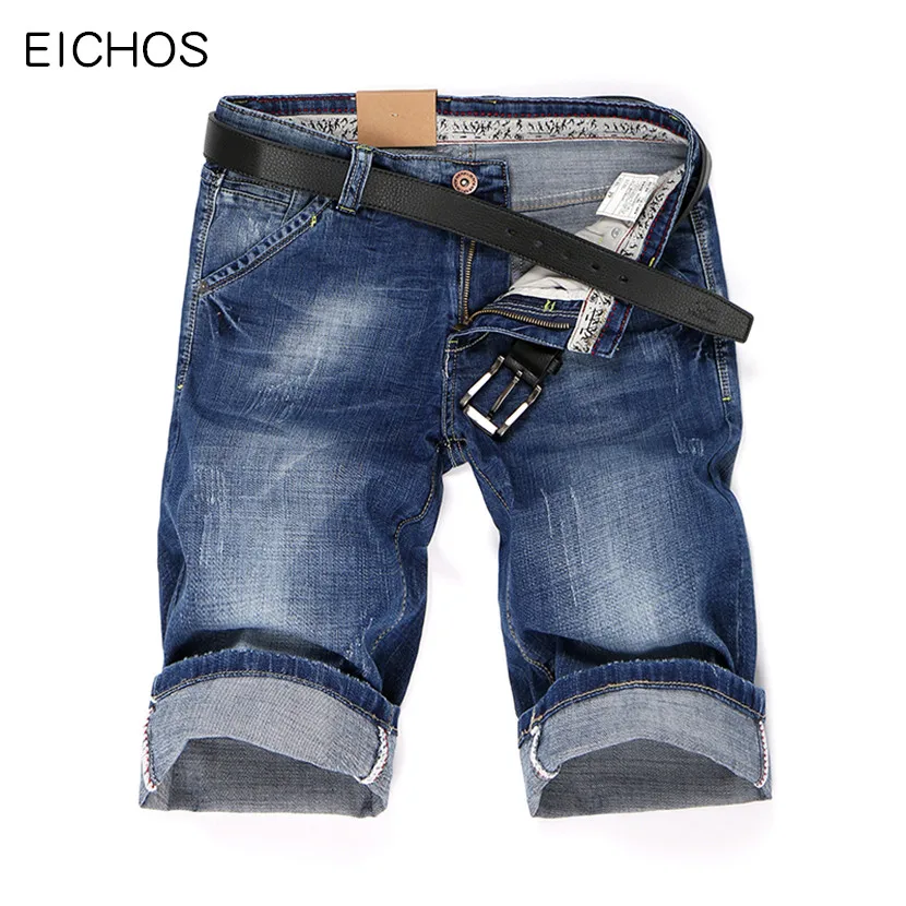 Мужские джинсовые шорты синие узкие из тонкой эластичной джинсовой ткани лето