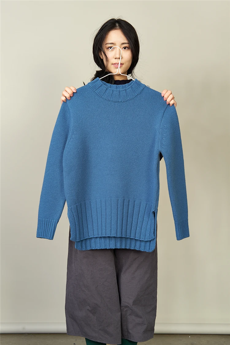 

Europe Station Simple Fashion Design Front Short Back Long Side Slit Blue Pullover Sweaters 2019 Women Classical Style Sweaters