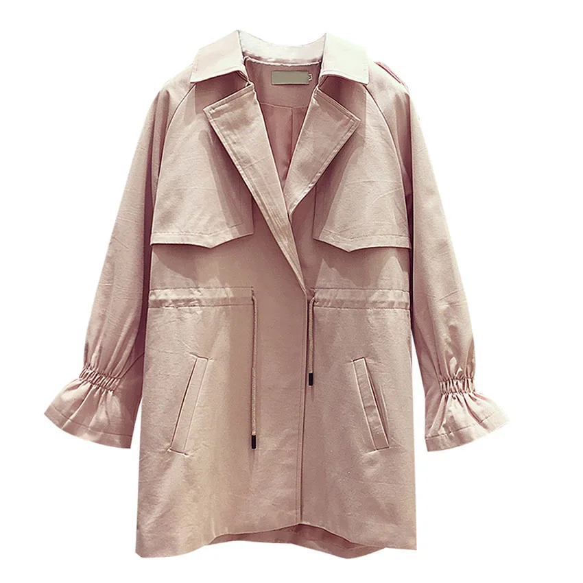 Fashion drawstring slim waist trench coat women turn down collar loose fit jacket 2019 autumn winter | Женская одежда