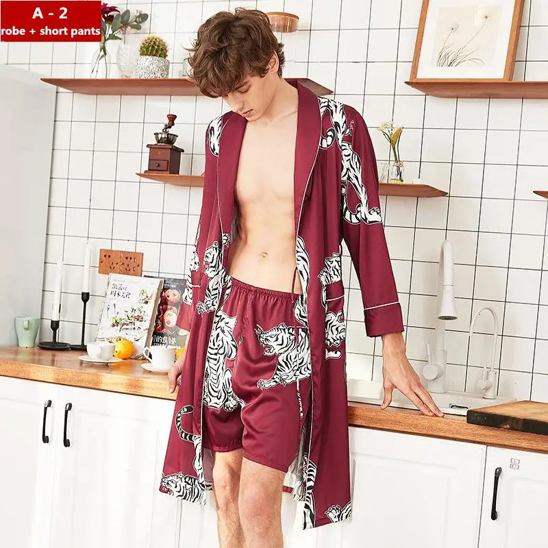 A2 robe-short pants Стиль Мужские пижамные штаны сезон: весна–лето Повседневное шелковистой Домашняя одежда мужская пижама банный брюки L-XXL - Цвет: A2 robe-short pants