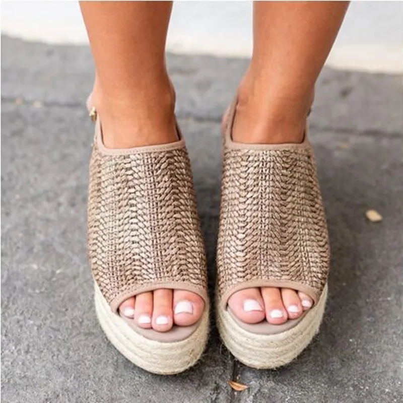 

CuddlyIIPanda Large Size Wedges Peep Open Toe Hemp Rope Woven Women Sandals Plus 35-43 Hemp Flax High Heels Buckle Zapatos Mujer