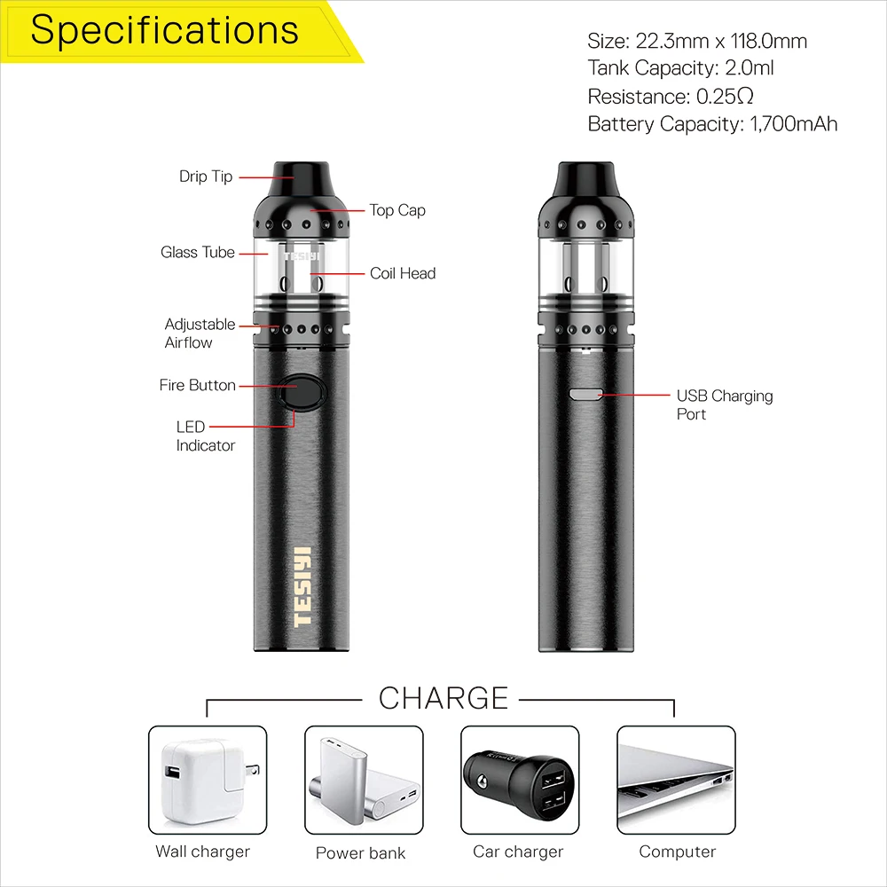 TESIYI T22 Starter Kit электронная сигарета Vape Pen 1700mAh батарея 2 мл распылитель с USB зарядным