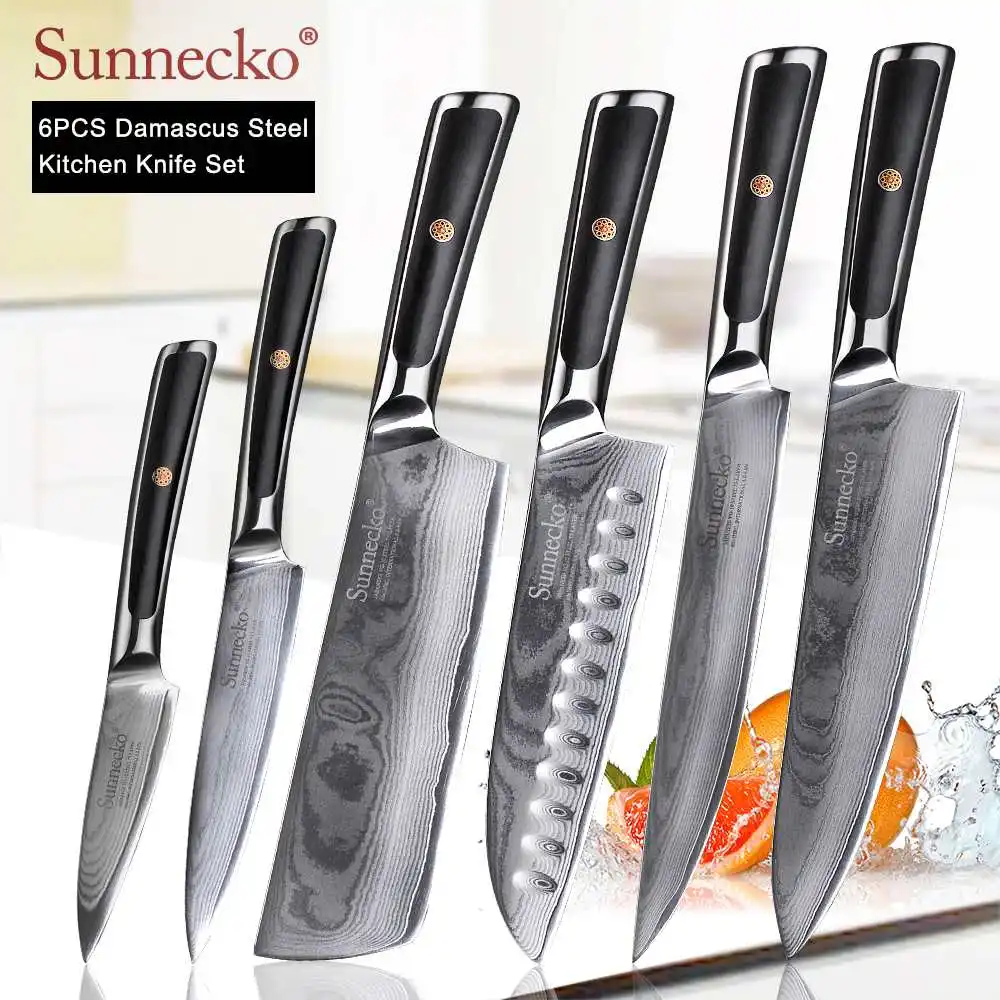 6pcs Set B SUNNECKO дамасский нож шеф-повара для очистки хлеба Santoku нож для стейка японский VG10 Сталь G10 ручка для резки мяса набор кухонных ножей - Цвет: 6pcs Set B