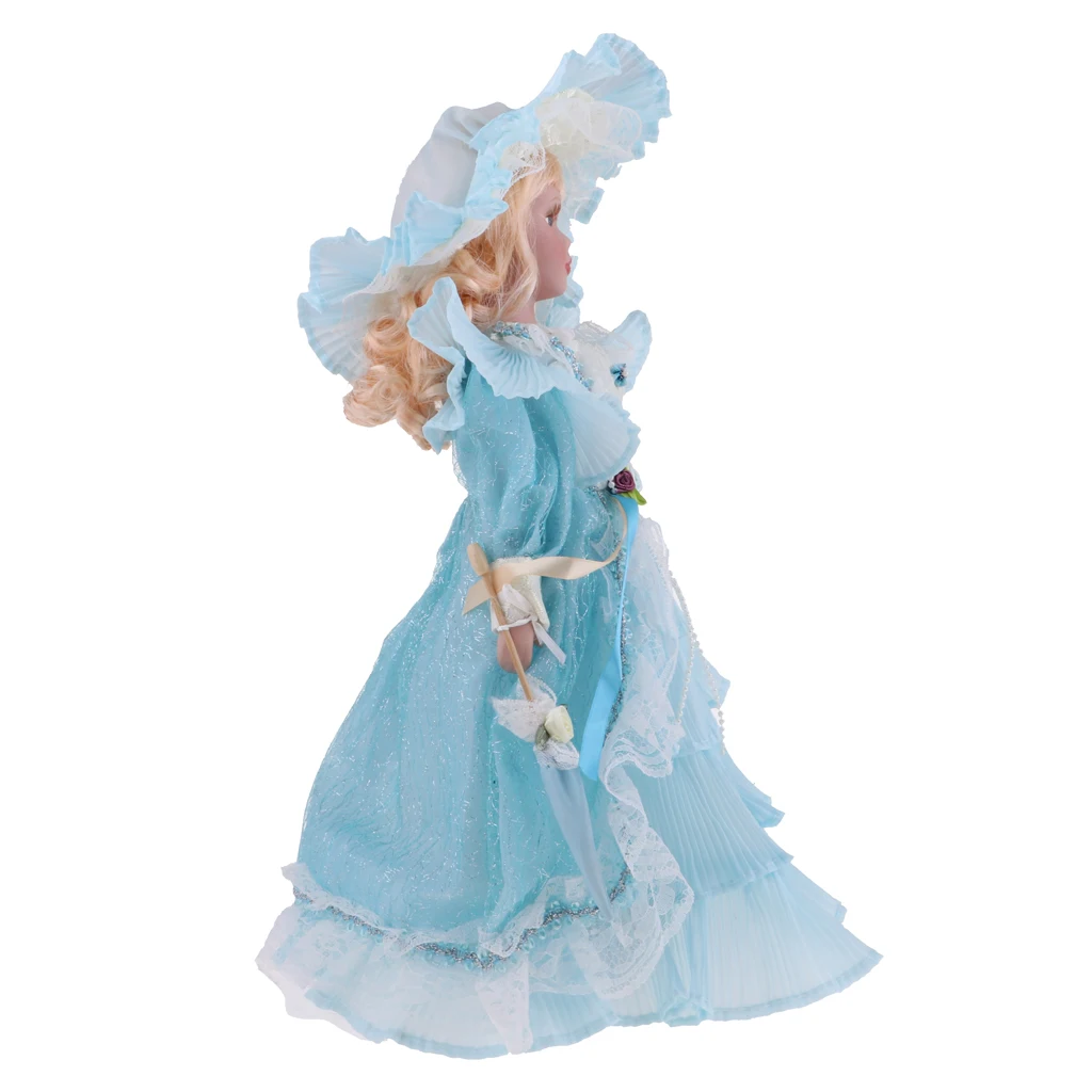 

2x 40cm Porcelain Victorian Doll in Dress Suit, Standing Girl Doll with Stand, Valentine Gift, Home Office Desk Table Ornaments