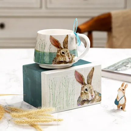 Rabbit Креативная китайская кофейная кружка с чернилами, милая Керамическая аппликация, чашка для воды для офиса, кролик, вишня, Подарочная коробка - Цвет: Rabbit
