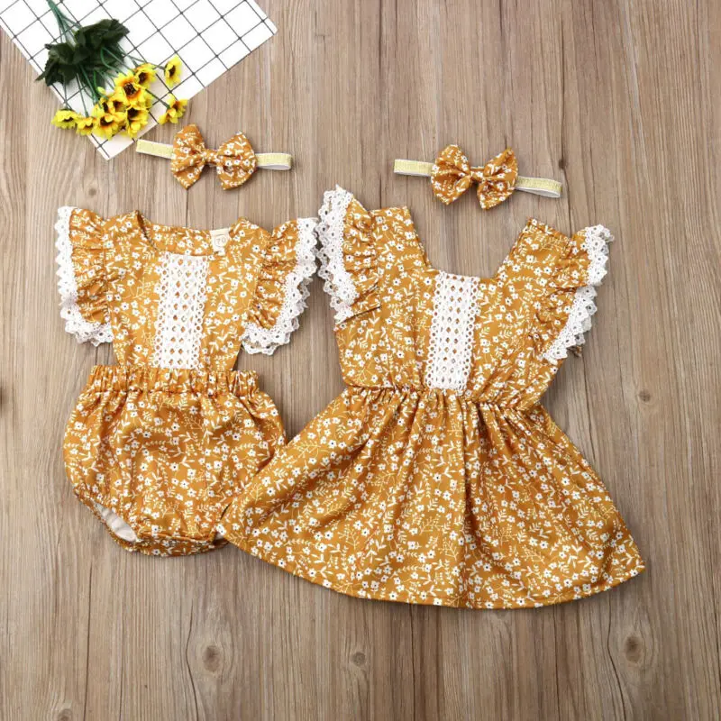Cute Newborn Baby Kids Girl Clothes Summer Big Sister Little Costume Girls Lace Dress Romper Family | Мать и ребенок