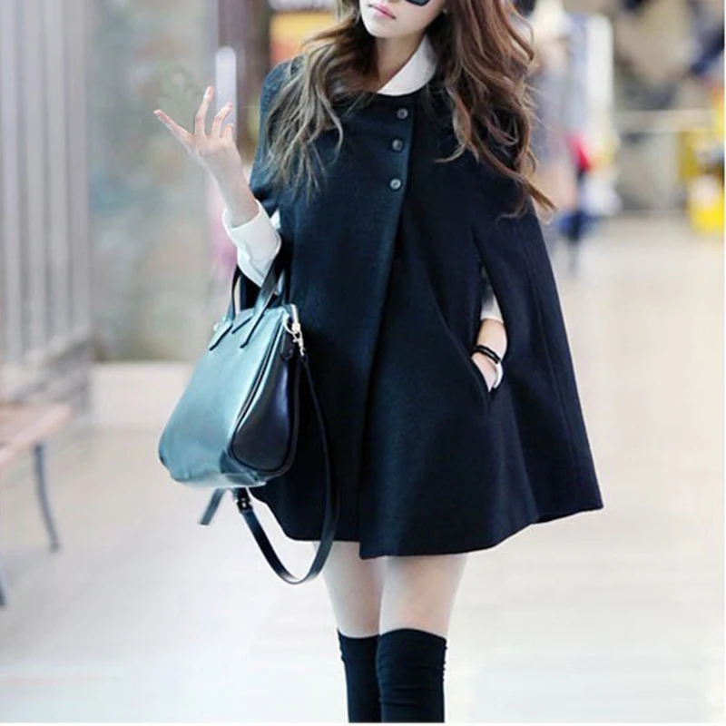 Женское шерстяное пончо летучая мышь зимнее теплое дамское пальто куртка