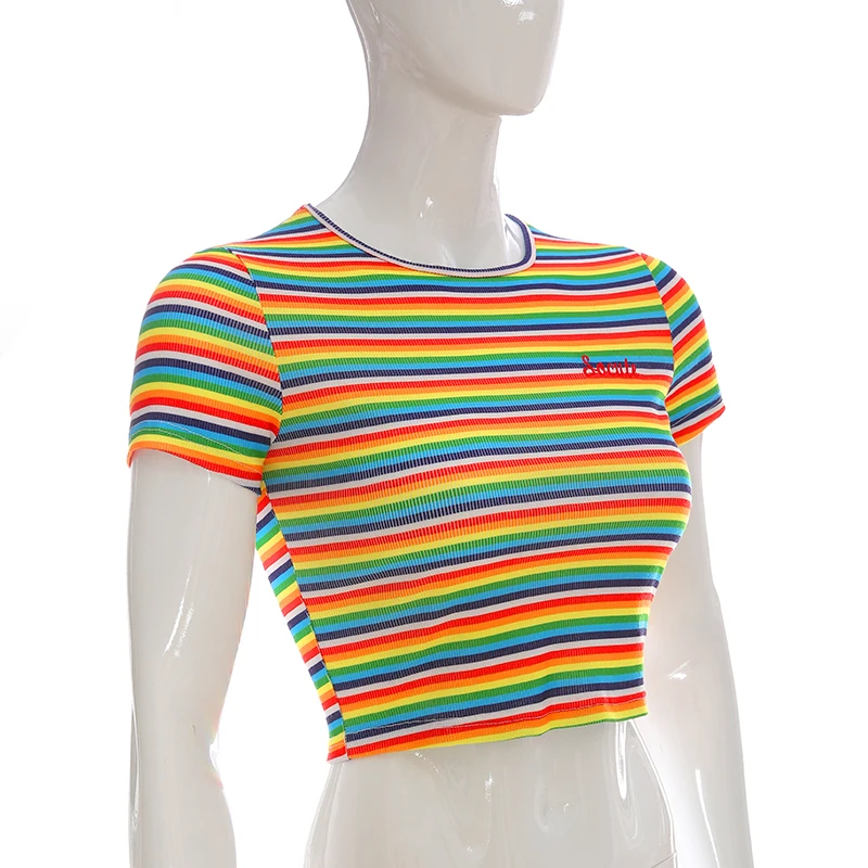 Weekeep Cropped Bodycon Stripped O-neck Short Sleeve tshirt Women Summer Streetwear t shirt Sexy Bodycon Crop Top
