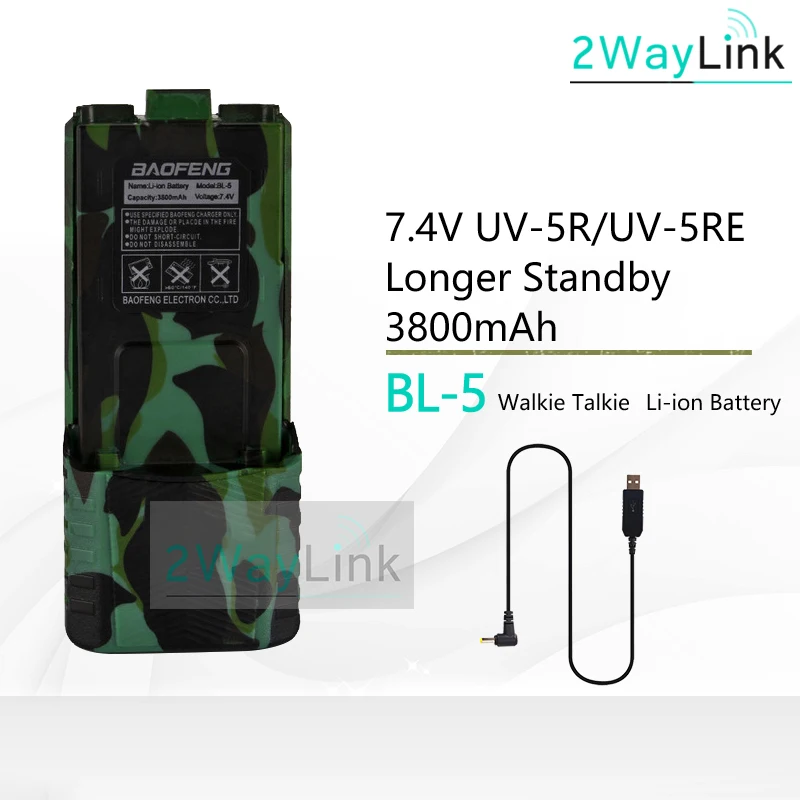 Camo 3800mAh-Cable Горячая BL-5 батарея 3800 мАч Baofeng UV-5R батарея для DM-5R Plus UV 5R uv5r UV-5RE 5RE Совместимость с RT-5R RT5R 1800 мАч опционально - Цвет: Camo 3800mAh-Cable