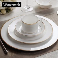 wourmth bone china tableware pure white restaurant gold and silver trim flat plate steak dish ceramic coffee cup dessert plate