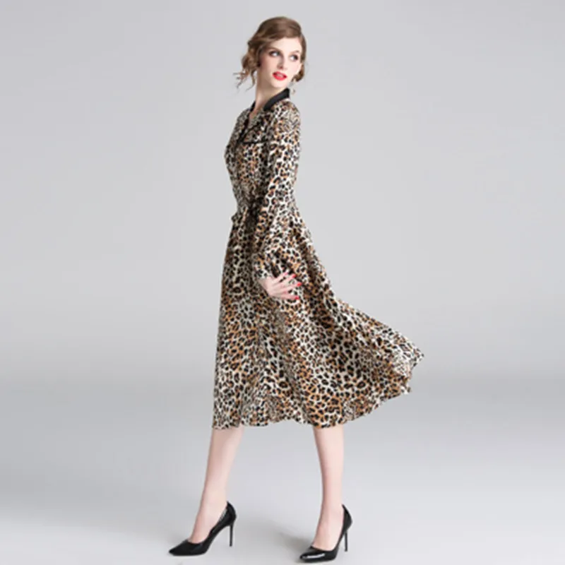 Женское винтажное платье с леопардовым принтом Элегантное Длинное Платье