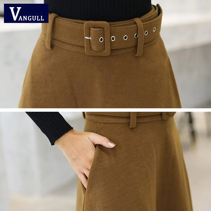 

Vangull Winter Women Wool Skirt With Belt 2019 New Fashion Solid Vintage Woolen Skirt Female Street wear Casual Plus Size Skirts