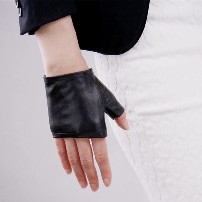 

Genuine Leather Ultra-Thin Pure Sheepskin Black Semi-Finger Gloves Female Short Style Fingerless Half Finger Woman Mittens TB07