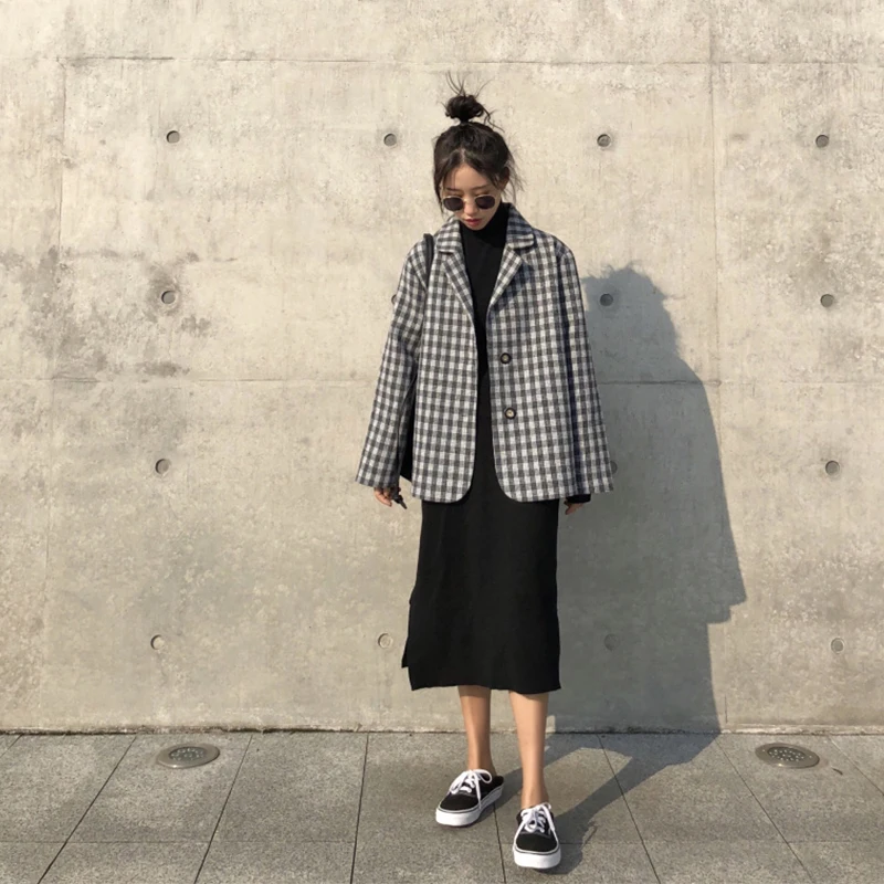 DICLOUD Harajuku клетчатые пальто женские осенние винтажные свободные куртки женские топы с длинными рукавами женские корейские короткие пальто женские зимние
