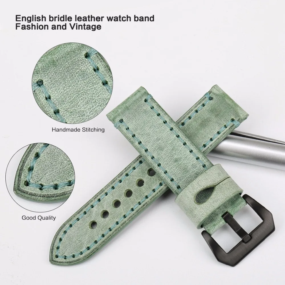 MAIKES Fashion Green Watchbands 22mm 24mm With Black Buckle Watch Accessories Watch Strap Retro Leather Watch Band For Panerai