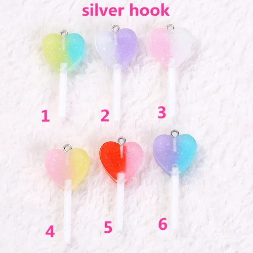 silver hook 16 шт./лот 18,5*39 мм леденец амулеты прозрачные формы сердца блеск Конфета из смолы аксессуары для ювелирных изделий Diy - Окраска металла: silver hook