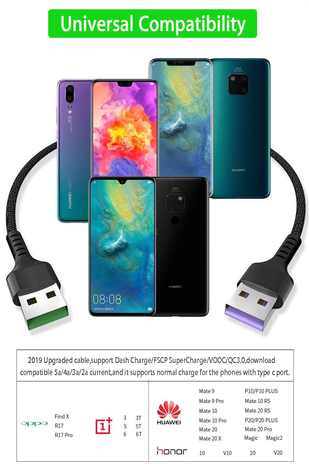 Usb кабель 5A Type C для быстрой зарядки 3 0 5 В 4A/3A/2A Android Samsung A8 A9 Xiaomi Mi9 Mi8 Se Huawei Honor|Кабели