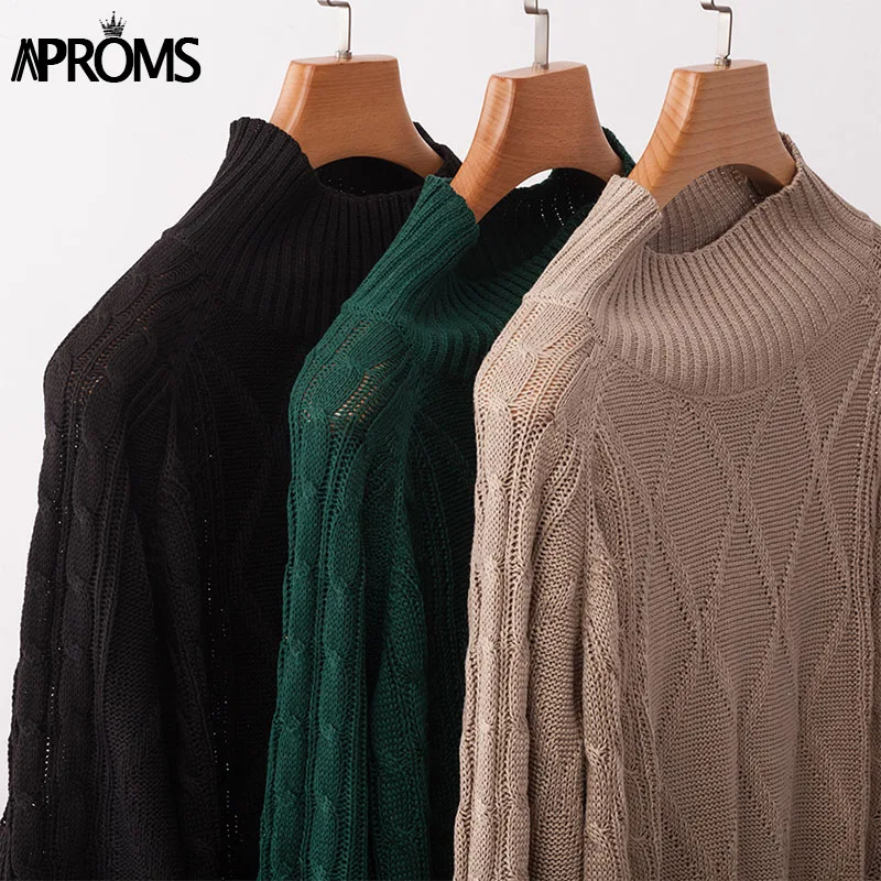 Aproms вязаный свитер с высоким горлом, женский, хаки, длинный рукав, зимний Свободный пуловер, Повседневный, уличная, Женский вязаный джемпер