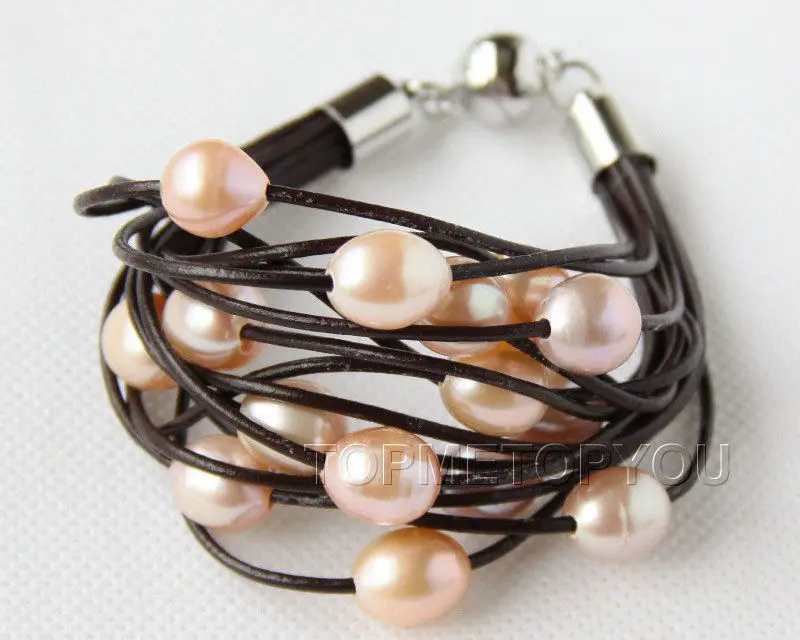Wholesale price 16new ^^^^WOW 15Strands natural pink pearls wine red leather bracelet magnet e2346 | Bracelets