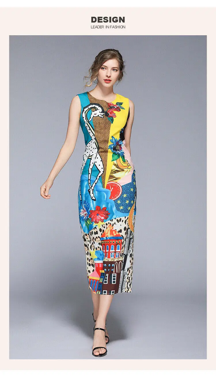 womens woman ladies Designer summer print sleeveless runway Slim party beach midi office work wear dress clothes clothing | Женская