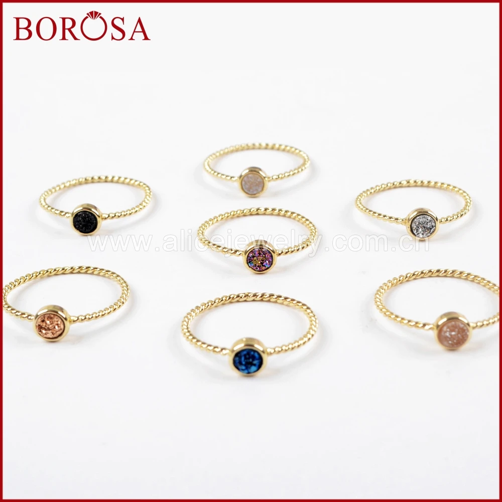 BOROSA 10 шт. золото 4 цвета мм Drusy Круглый природных Титан Радуга Druzy ободок кольца, разноцветные Drusy кольцо для Для женщин ZG0284