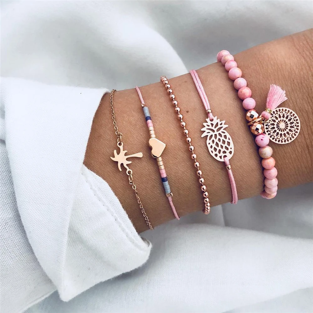 

5 Pcs/set Bohemian Heart Bracelets Set Vintage Bead Charm Pineapple Bracelet For Women Jewelry Bijoux female Hand Jewelry 2020