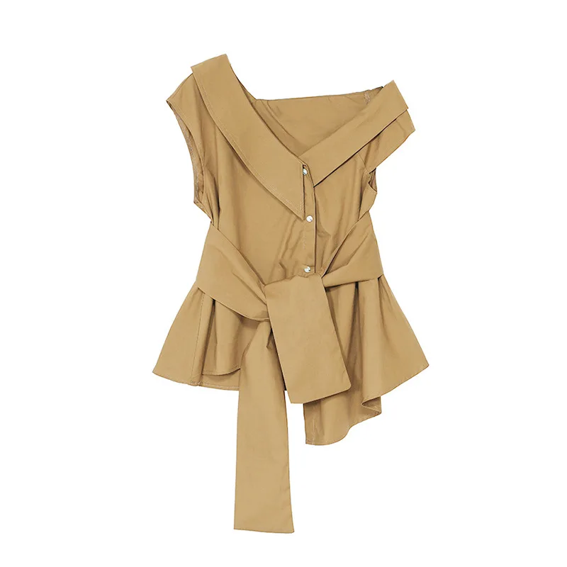Women Blouse Skew Collar Sleeveless Belted Casual Shirt Asymmetric | Женская одежда