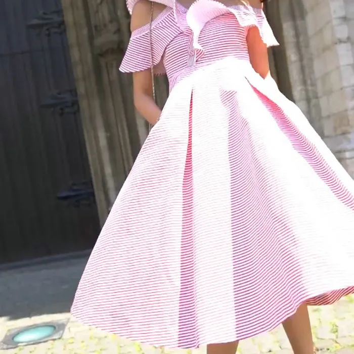 Orgreeter сексуальное летнее подиумное платье SP Новое красное Полосатое одно плечо оборки женское вечернее женское платье