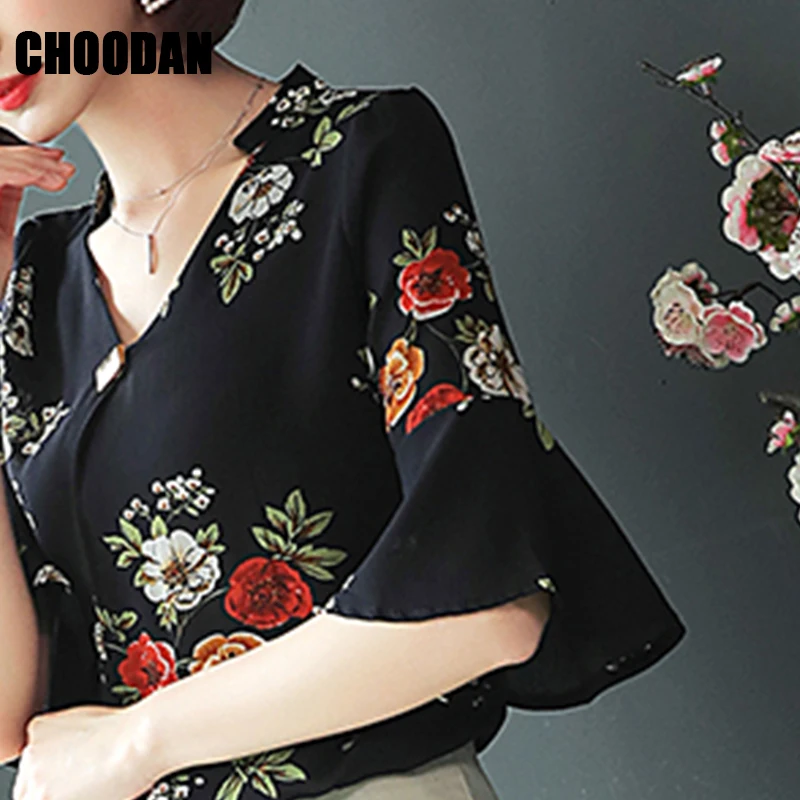 Black Blouse Women V neck Flare Sleeve Shirt Flower Printed Short Chiffon Summer Tops 2018 Female Korean Fashion Clothing |