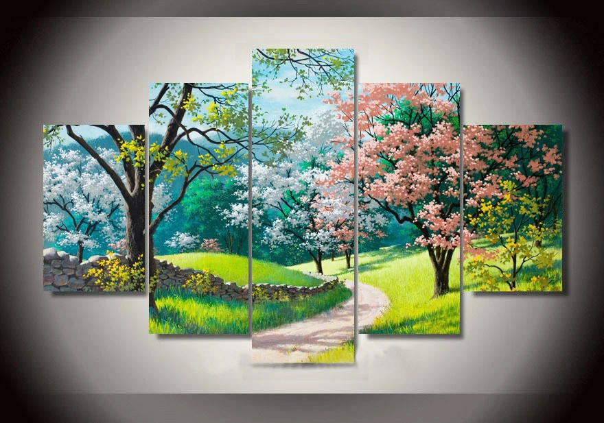 HD 5 панелей высокое качество окрашенная Лесная дорога картина маслом на зеленом