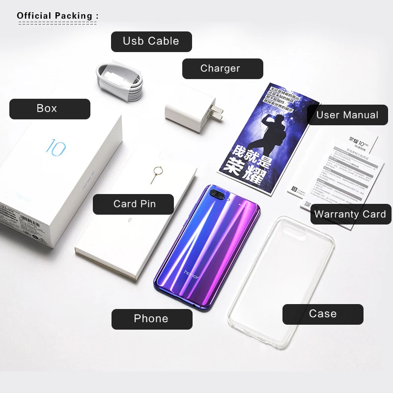 HONOR 10, мобильный телефон, 5,84 дюймов, Android 8,1, Kirin 970, Восьмиядерный, face ID, 2280x1080, Мп+ Мп, NFC