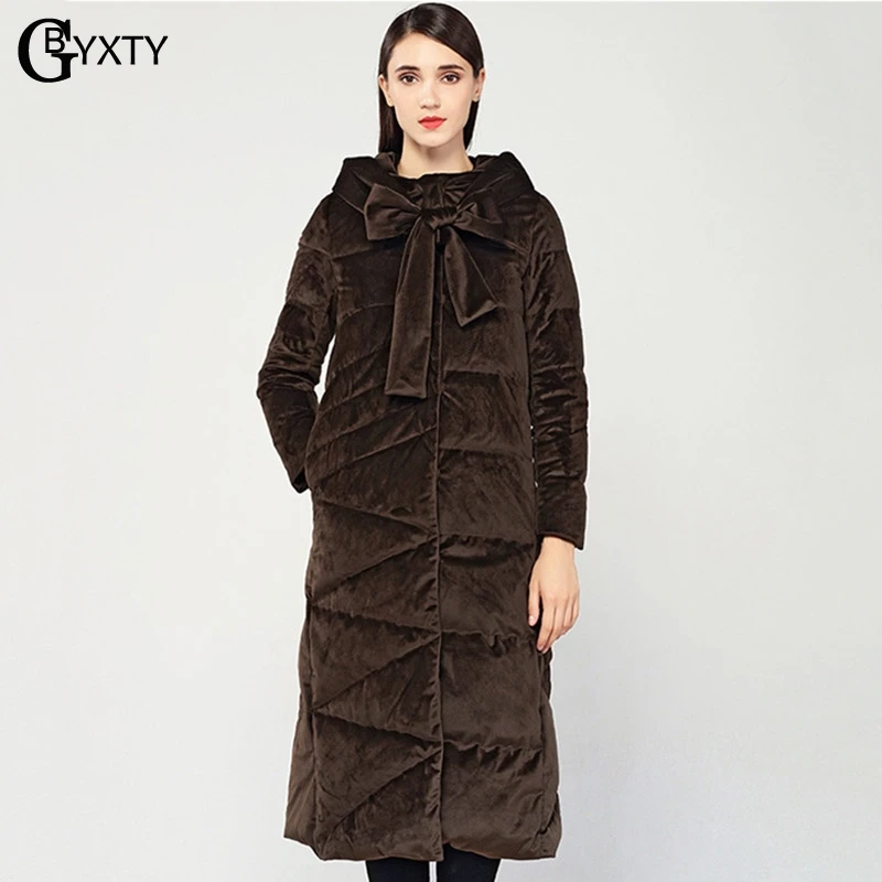 GBYXTY manteau hiver, Дамское элегантное бархатное пуховое пальто с галстуком-воротником, зимнее женское длинное плотное пуховое пальто с капюшоном, пуховая куртка, парка ZA1083
