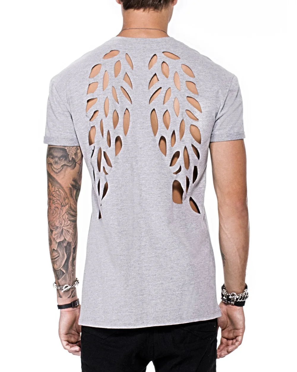 Новинка, Мужская Летняя Повседневная футболка, модная открытая футболка с открытой спиной и крыльями, мужские черные сексуальные топы, Уличная Сексуальная футболка
