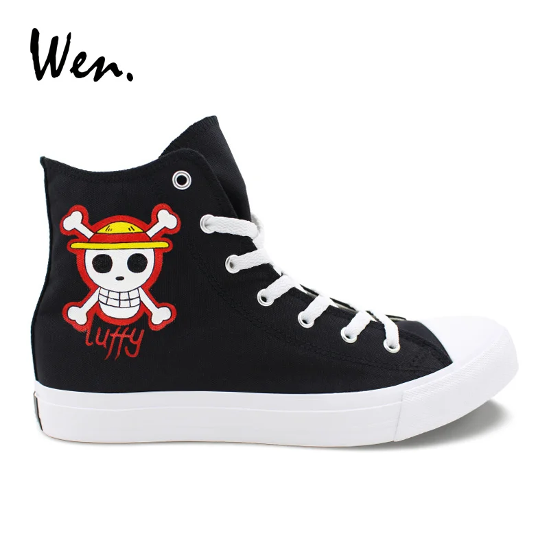 

Wen Custom Shoes Hand Painted Jolly Roger One Piece Canvas Sneakers Black High Ankle Plimsolls Cross Straps Espadrilles Flats