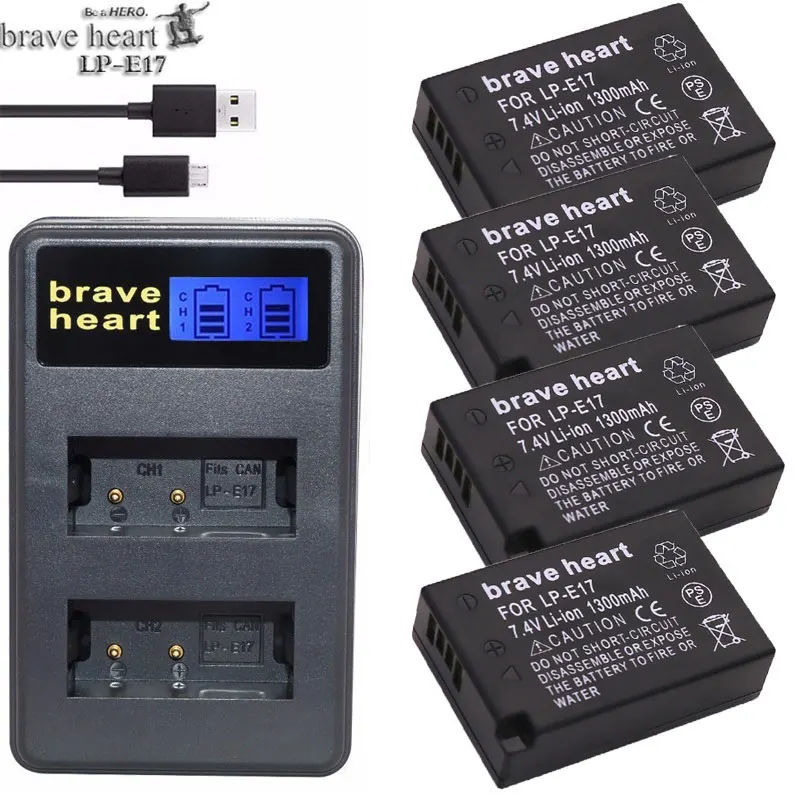 charger and 4battery Brave heart 4x Bateria LPE17 LP E17 LP-E17 батарея+ ЖК-зарядное устройство батарея для Canon EOS M3 750D 760D T6i T6s 8000D Kiss X8i камера - Цвет: charger and 4battery