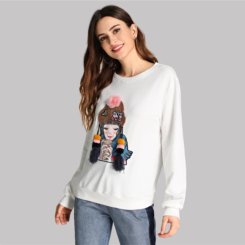 Dotfashion, белый пуловер с кисточками и рисунком, Повседневный пуловер из искусственного меха с помпонами, толстовки с длинными рукавами для женщин, осенний минималистичный Топ