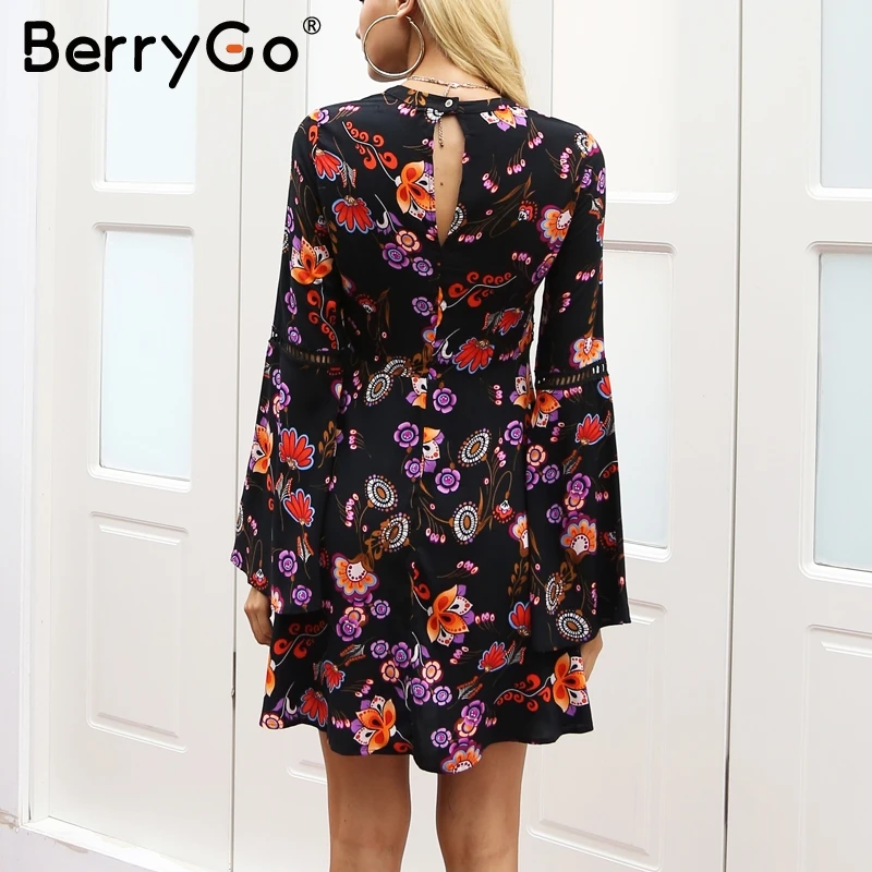 BerryGo осеннее платье с цветочным принтом женское расклешенным рукавом на пуговице