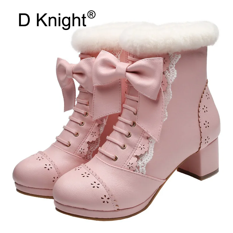 High Quality Japanese Style Lolita Shoes Sweet Bow Lace Princess Women Snow Boots High Heel Lolita Cosplay Ankle Boot Pink White